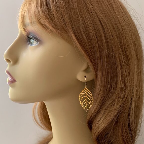 Gold Leaf Dangle Earrings 14k Gold Filled Lever Backs for Women Handmade in USA - Picture 2 of 3